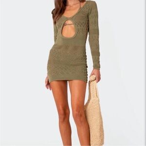 Edikted olive green lotus long sleeve crochet cover up dress